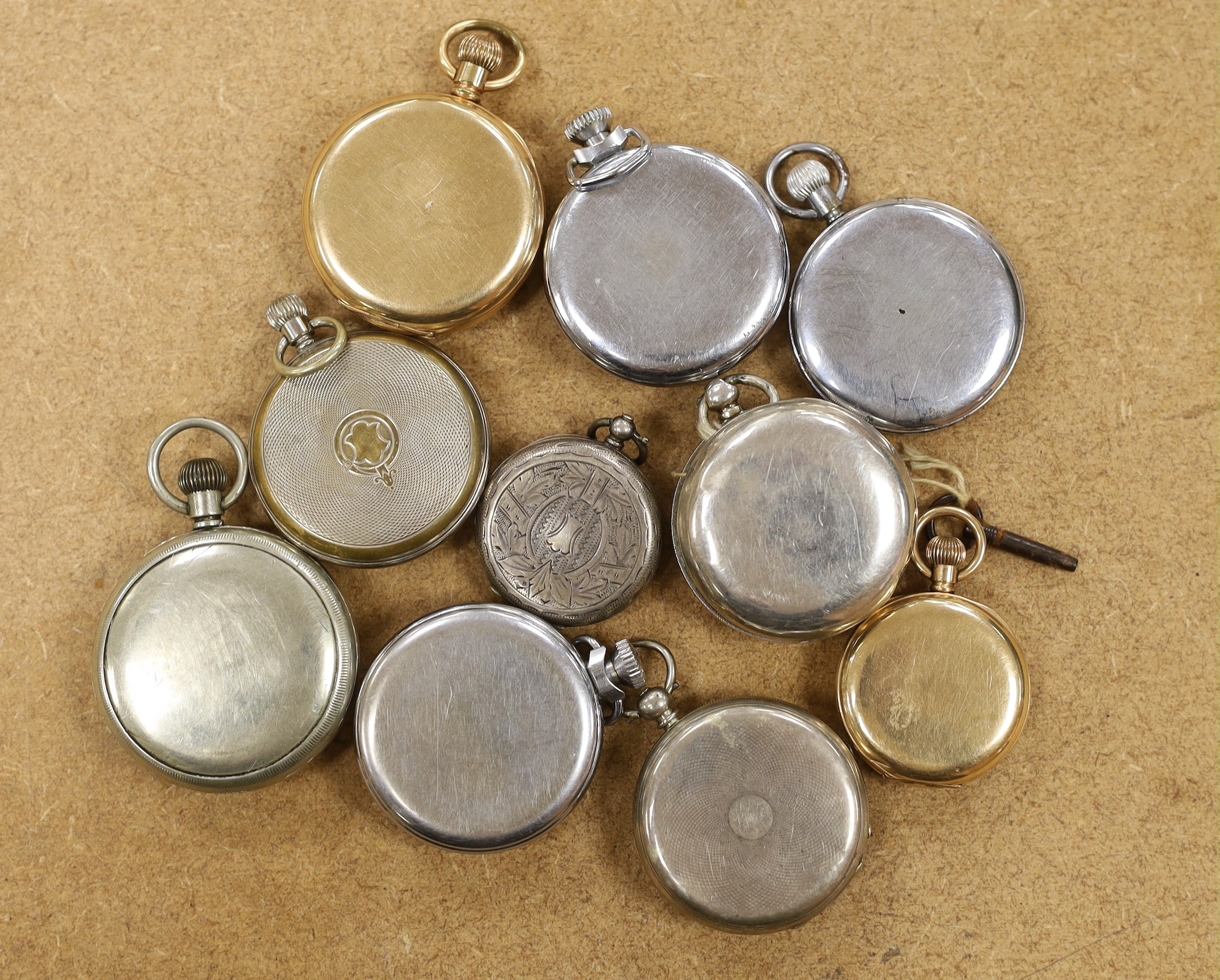 A late Victorian silver pocket watch, two other silver pocket watches and seven other pocket watches.